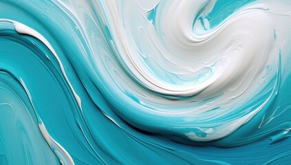 Poster - aqua yellow and white paint strokes on canvas, a close up of a painting of a pink and blue wave, Abstract colorful oil painting on canvas. Oil paint texture with brush and palette knife strokes