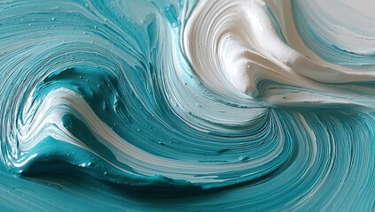 Poster - aqua yellow and white paint strokes on canvas, a close up of a painting of a pink and blue wave, Abstract colorful oil painting on canvas. Oil paint texture with brush and palette knife strokes
