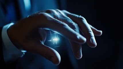 Poster - Futuristic Technology Hand Interaction Digital Interface Blue Light Abstract Background Modern Innovation Network Design Global Connection Business Technology Digital World Bright Glowing Lines       