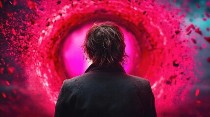 Fototapete - A time traveler seeing parallel versions of themselves in a shattered reality with neon fractures in the background.