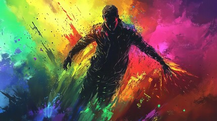 Poster - Abstract Colorful Man Silhouette Dynamic Pose Energetic Vivid Rainbow Splashes Paint Strokes Artistic Digital Illustration Modern Graphic Design Vibrant Hues Bold Style Powerful Energy Expressive     