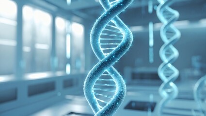 Poster - a detailed and futuristic depiction of DNA strands within a high-tech laboratory setting. The image highlights the intricacies of genetic material.