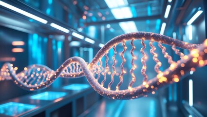 Aufkleber - A visually stunning depiction of a DNA double helix with a futuristic and advanced laboratory background, symbolizing groundbreaking advancements in science and research