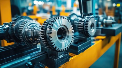 Poster - Close-up of gears being assembled with precision machinery in a mechanical production setting