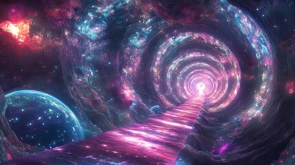Wall Mural - A surreal cosmic tunnel pathway leading toward a bright light