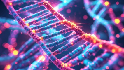 Poster - a vibrant, detailed visualization of a DNA strand, the building block of life, with dynamic glowing light