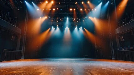 Poster - Dramatic Stage Lighting with Colorful Spotlights Illuminating an Empty Theatre Space