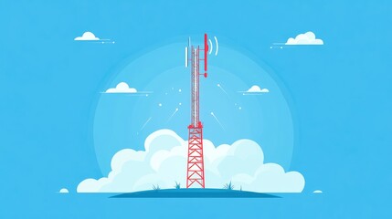 Poster - Flat illustration of G tower emitting signals with satellite and smartphone clip art