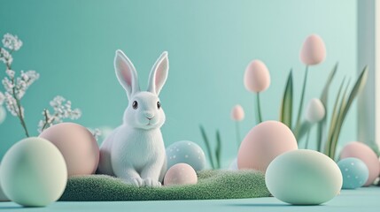 Poster - Cute easter bunny relaxing on grass with pastel colored eggs around