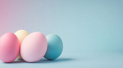 Poster - Four pastel colored easter eggs on blue background with copy space