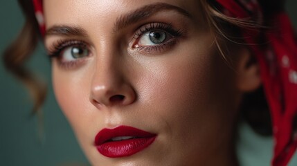 Poster - A beautifully styled woman gazes directly at the viewer, her bold red lips and expertly applied makeup contrasting with the soft, muted background. The vintage headscarf adds charm