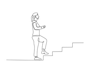 Leinwandbilder - Continuous one line drawing of success business woman walk on stair.  Business concept growth and the progress to success illustration. Editable vector.