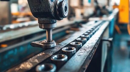 Poster - Industrial metal press shaping parts on a factory floor as part of a continuous manufacturing process