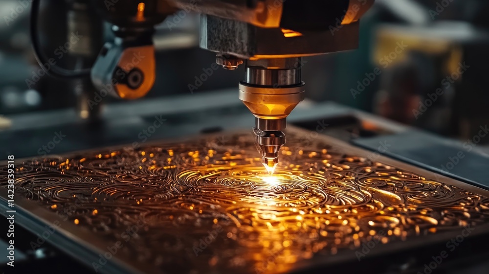 Laser engraving machine etching designs on metal parts during the ...
