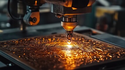 Poster - Laser engraving machine etching designs on metal parts during the manufacturing process