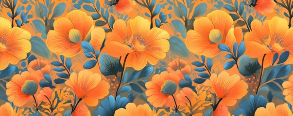 Aufkleber - Orange flowers blooming seamless pattern illustration