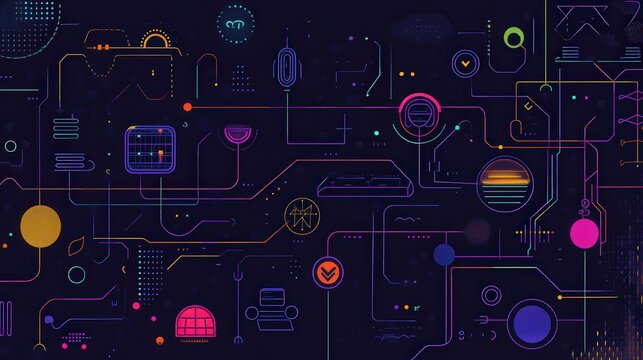 A clean line style vector banner that illustrates the core principles of machine learning, with icons representing AI, neural networks, and data flow