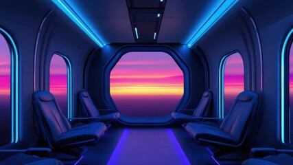 Poster - Futuristic Interior of Spacecraft with Sleek Seating and Colorful Sunset View Through Large Windows