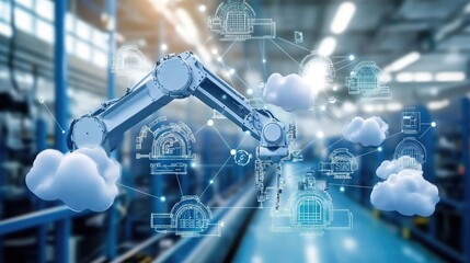 Poster - Robotic arms working in harmony on a production line, assembling parts with precision and speed in a smart factory setting