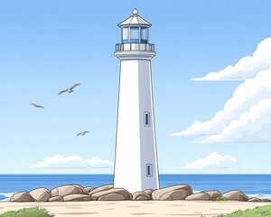 Wall Mural - tall white lighthouse on rocky coast, blue sky, seagulls