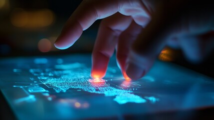Poster - Digital Finger Touching Futuristic Interface Screen Technology Innovation Modern Data Network Global Connection Abstract Blue Light Glowing Interactive Digital World Map Futuristic Design Element Web 