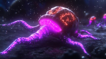 Poster - Glowing alien creature with tentacles on a dark cosmic surface