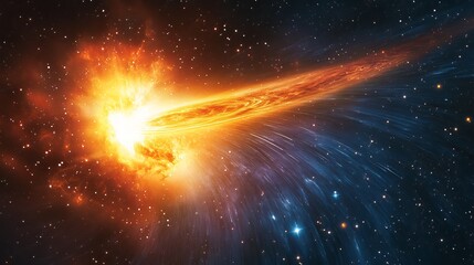 Poster - Fiery Cosmic Explosion Nebula Galactic Supernova Starburst Bright Orange Blue Space Background Dramatic Celestial Event Powerful Energy Intense Light Astronomical Phenomenon Vivid Colors Starfield    