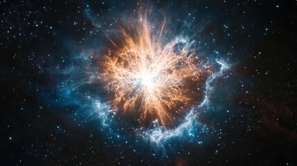 Poster - Cosmic Nebula Explosion Fiery Orange Blue Galactic Space Background Starry Night Universe Astronomy Celestial Vibrant Energy Powerful Supernova Dramatic Light Abstract Art Design Illustration Way Gas 