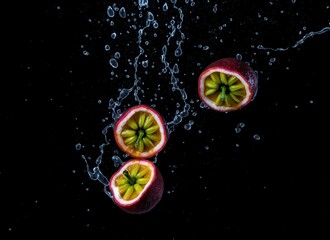 Poster - Three halved passion fruits splash in water against a dark background, creating a vibrant contrast and dynamic visual appeal.