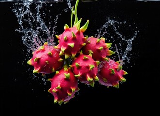 Poster - A cluster of vibrant red fruits with spiky exterior splashes into water, creating dynamic droplets against a dark background.