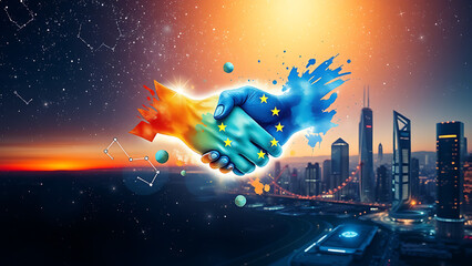 Wall Mural - celebrating europe day with symbolic handshake and shining star motif highlighting unity peace and s