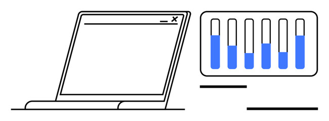 Poster - Laptop image alongside a data dashboard showing vertical bars with blue progress levels. Ideal for analytics, technology, business insight, data tracking, web design, digital workspace, simple