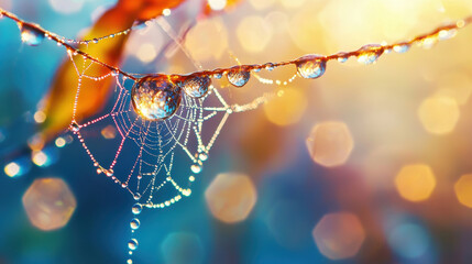 close up view of dew covered spiderweb glistening in sunlight, showcasing nature intricate beauty and delicate details