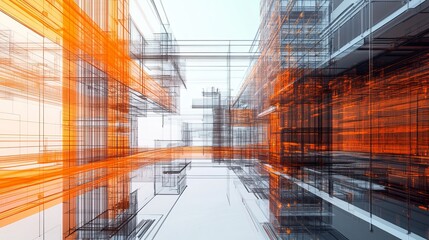 Poster - Abstract Orange and Gray Geometric Structure Digital Art Modern Architecture Design Background Futuristic Cityscape Technology Network Grid Lines Pattern Illustration Contemporary Style Innovative    