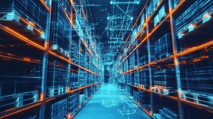 Poster - Abstract Warehouse Digital Network Futuristic Technology Data Center Blue Orange Lines Modern Infrastructure Smart Logistics System Efficient Supply Chain Management Advanced Warehouse Automation     