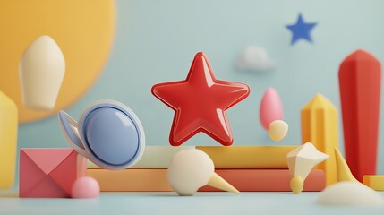 Poster - Abstract Colorful 3D Shapes Modern Design Background Red Star Geometric Pastel Yellow Pink Blue Creative Illustration Digital Art Vibrant Trendy Graphic Resource  Vector Elements fun form style image 
