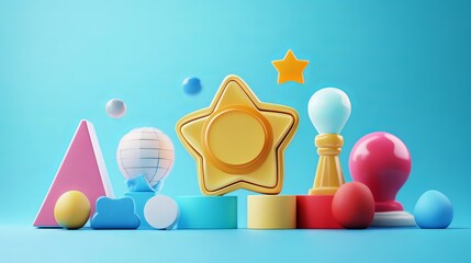 Poster - Bright Colorful 3D Render Abstract Geometric Shapes Star Award Trophy Prize Winning Success Achievement Background Design Illustration Modern Minimalist Style Digital Art Creative Concept Image red   
