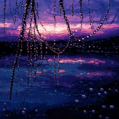 Poster - Abstract Purple and Pink Sunset Reflection with Pixelated Texture