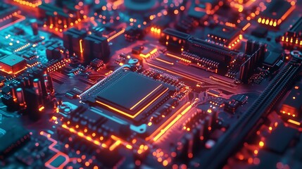 Poster - Abstract Technology Background Digital Circuit Board Red Orange Glowing Lines Electronic Components High Tech Innovation Futuristic Design Modern Pattern Network Computer Hardware Microchip Processor 