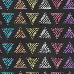 Wall Mural - Seamless Grunge Pattern of Chalk Drawn Sketches Triangles on Chalkboard Backdrop. Geometric Print.