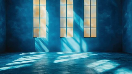 Poster - An empty blue room with a large window casting soft shadows and golden sunlight reflecting off the walls