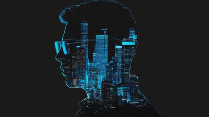 Poster - Modern Man Silhouette Cityscape Double Exposure Blue Night Urban Professional Futuristic Digital Art Graphic Design Abstract Background Image Technology Innovation dark head view style scene lights   