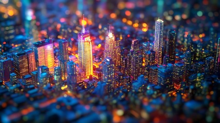 Poster - Pixelated Night Cityscape with Bright Lights and Dynamic Colors