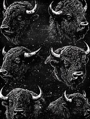 Poster - Repeating Pattern of Bison Heads in Black and White