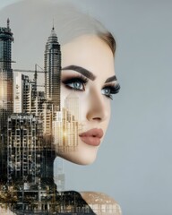 Poster - Captivating Double Exposure Portrait of a Woman Overlaid with Urban Architecture for Business Leadership Themes