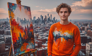 Aufkleber - Man in an orange sweater stands in front of a painting of a city. The painting is colorful and has a city skyline in the background. The man is proud of the painting and is smiling