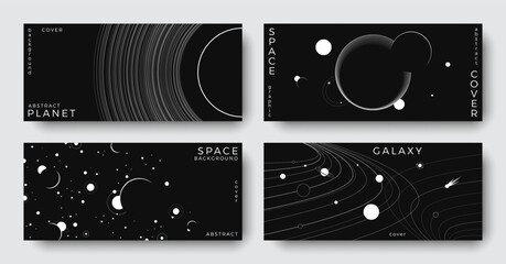 Wall Mural - set of abstract space astronomy horizontal backgrounds. line art galaxy, solar system, planet, black
