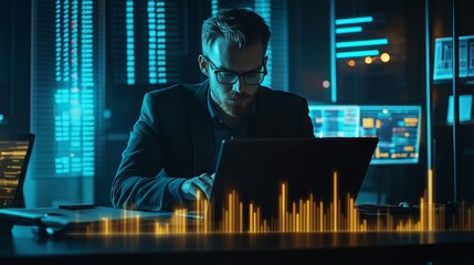 Poster - focused businessman working late night on laptop analyzing data financial charts graphs modern offic