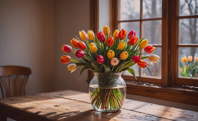 Poster - Vase of tulips sits on a wooden table in a room. The tulips are in various colors, including red, yellow, and orange. The vase is filled with water