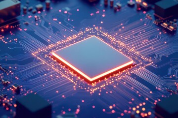 Fototapete - Vibrant Circuit Board Illuminated by Striking Blue and Red Lights Showcasing Technological Innovation and Modern Electronic Design Elements